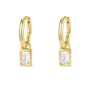 925 sterling silver gold hoop earrings with square zircon pendant for women