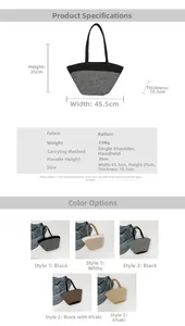 Detailed size chart and multi-color options for the woven stripe tote beach bag