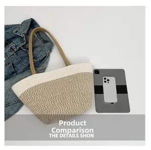 Detail view of woven tote bag capacity showing it holds an iPad and smartphone easily