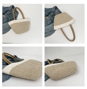 Detailed views of a two-tone woven tote bag with stripe texture and brown handles