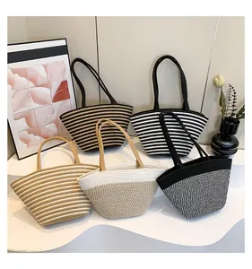Close-up of assorted striped cotton woven tote bags with detailed knit texture