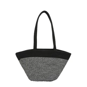 Striped contrast knit tote bag with black handles and large capacity woven texture