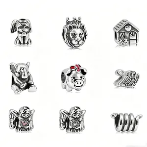 Set de cuentas de acero inoxidable de gran agujero con ángel, león, casa y elefante
