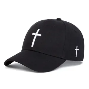 Classic black cotton baseball cap with white cross embroidery for kids outdoor wear
