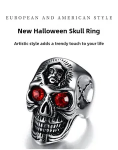 Macro detail of punk skull ring with embossed texture and red rhinestone eyes