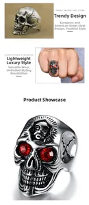Detailed macro view of punk skull ring with vintage finish and red gemstone eye inlay