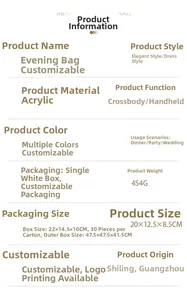 Detailed technical specifications and dimensions for this acrylic evening shell clutch bag
