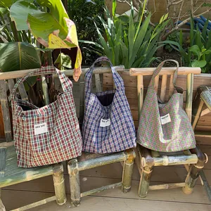 Spring plaid cotton tote bag set with See You label for casual commuting style