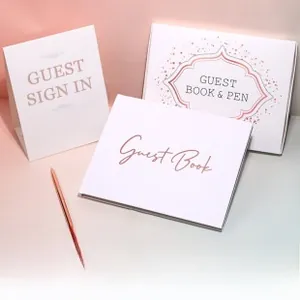 Libro de visitas para boda con bolígrafo de oro rosa y cartel en caja de regalo premium