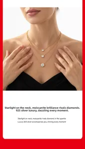 Close-up of triple layered S925 silver moissanite necklace with round brilliant pendants