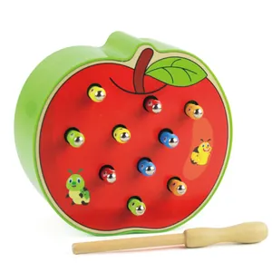 Apple-shaped wooden magnetic worm catching toy set with colorful insects and a wand