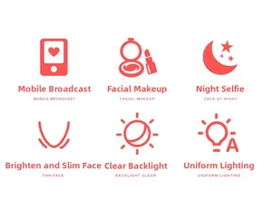Detail icons showing LED ring light beauty features for live streaming and selfies