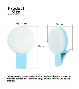 Detailed product dimensions of a blue mini LED ring light for mobile phones and laptops