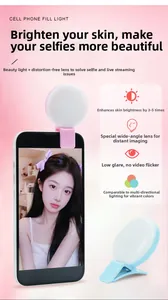 Detail of clip-on mini LED ring light with wide-angle lens for smartphone selfies