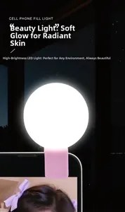 Detailed view of pink mini LED selfie ring light glowing bright white on a smartphone
