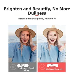 Before and after comparison of LED ring light showing skin brightening and beauty effects