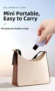 Mini purple cell phone fill light being placed into a small handbag showing portability