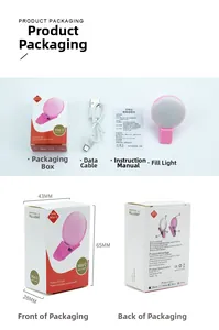 Mini Q LED selfie light kit with charging cable, user manual, and retail packaging details