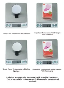 Detailed view of Mini Q LED selfie light weighing 27.1g in its retail packaging