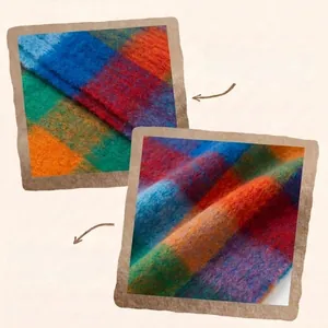 Close-up of vibrant colorful plaid mohair scarf with soft fringe and warm brushed texture
