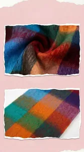 Macro shot of colorful checkered knit scarf featuring thick mohair texture and fringe detail