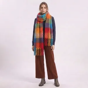 Close-up of thick checkered mohair shawl with vibrant color blocks and long tassels