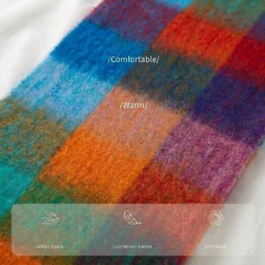 Colorful plaid mohair scarf with soft brushed texture and warm multicolor grid pattern