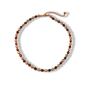 Tiger eye beaded necklace with round copper beads and adjustable gold heart chain