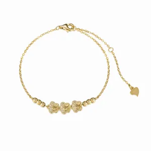 S925 Sterling Silver Flower Bracelet For Women 14K Gold Plated Triple Five-Petal Peach Blossom Adjustable Chain Elegant Jewelry