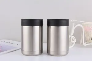 Close-up of 12oz double-wall stainless steel beer can coolers with matte black lids