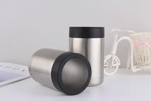 Detail of 12oz stainless steel can cooler with black silicone ring for bottle insulation