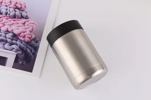 Close-up of 12oz double-wall vacuum insulated stainless steel beer can cooler with black rim