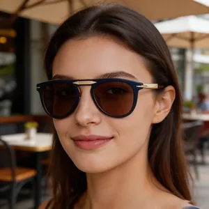 Unisex vintage folding sunglasses with deep blue frames and brown UV-protective lenses
