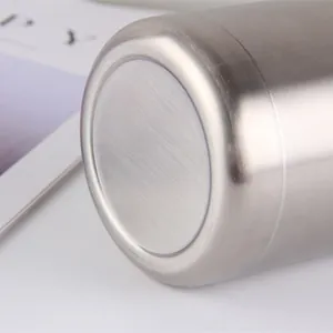 Bottom detail of 12oz stainless steel insulated beer can cooler with brushed metal finish
