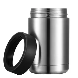 12oz double-wall 304 stainless steel beer can insulator with black lid and brushed finish