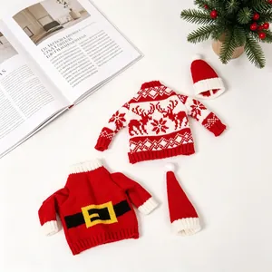 Christmas wine bottle covers featuring knitted reindeer and Santa sweater designs with hats