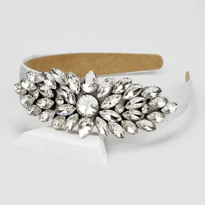 Luxury Baroque rhinestone headband with sparkling crystals on white satin for wedding