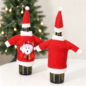 Festive Christmas wine bottle cover set featuring cute 3D plush bear and knit hat decor