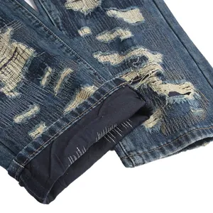 Retro punk slim straight jeans with distressed ripped patches and contrast stitching