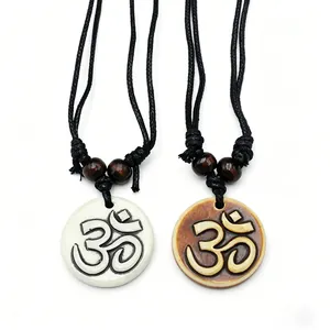 Sacred OM Symbol Resin Pendant Necklace Ethnic Faux Bone Carving Polished Wood Bead Adjustable Black Rope Yoga Jewelry