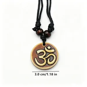 Sacred Hindu OM resin necklace with faux bone carving for yoga meditation on black cord