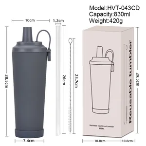 Dunkelgrauer 830ml keramikbeschichteter Thermobecher mit Strohhalm und Magnetgriff