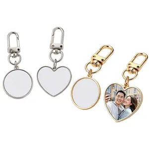 Sublimation heat transfer heart-shaped gold metal keychain for custom photo insert