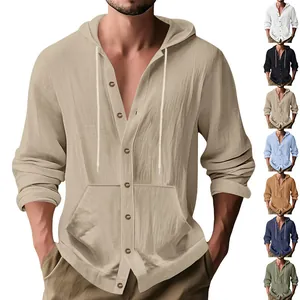 Men Hooded Shirt Linen Blend Long Sleeve Button Down Beach Casual Summer Vacation Top With Kangaroo Pocket Drawstring