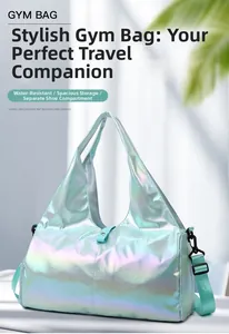 Detail of holographic gym bag showing waterproof fabric and independent shoe compartment