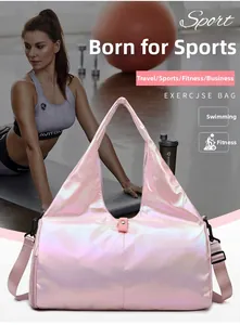 Detailed view of pink laser holographic fitness bag with dry-wet separation compartment