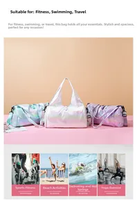 Detailed view of iridescent laser sports bag with waterproof metallic finish for fitness