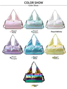 Detailed color show of holographic laser gym bags in seven pearlescent metallic finishes