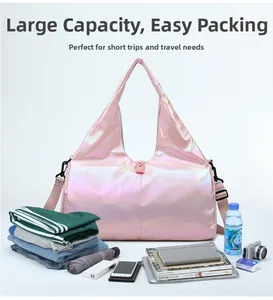Spacious pink holographic travel bag showing its high capacity with various travel items