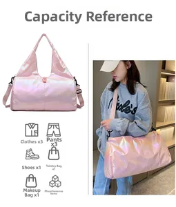 Holographic fitness bag detail showing large capacity storage for clothes and shoes